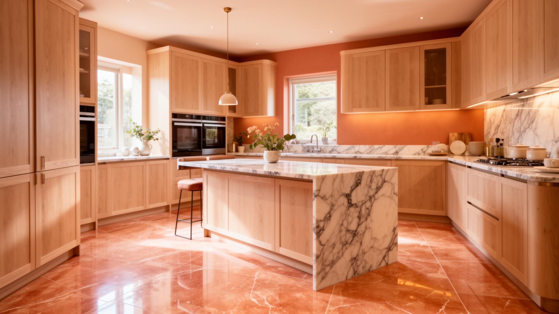 Modern kitchen with porcelain tile flooring and custom oak cabinets